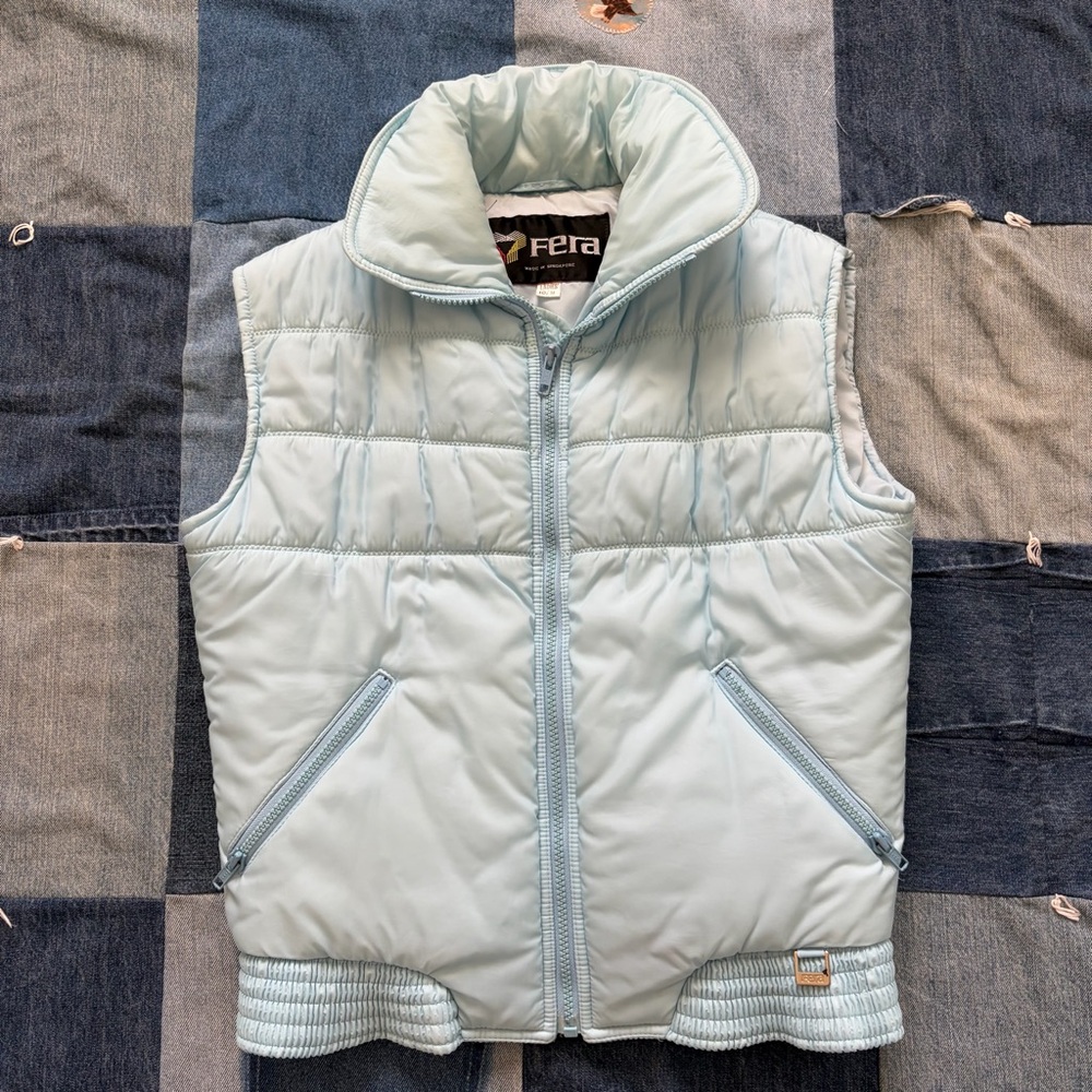 VTG FERA 80s Puffer Vest light blue zip up high neck ski winter size M retro
